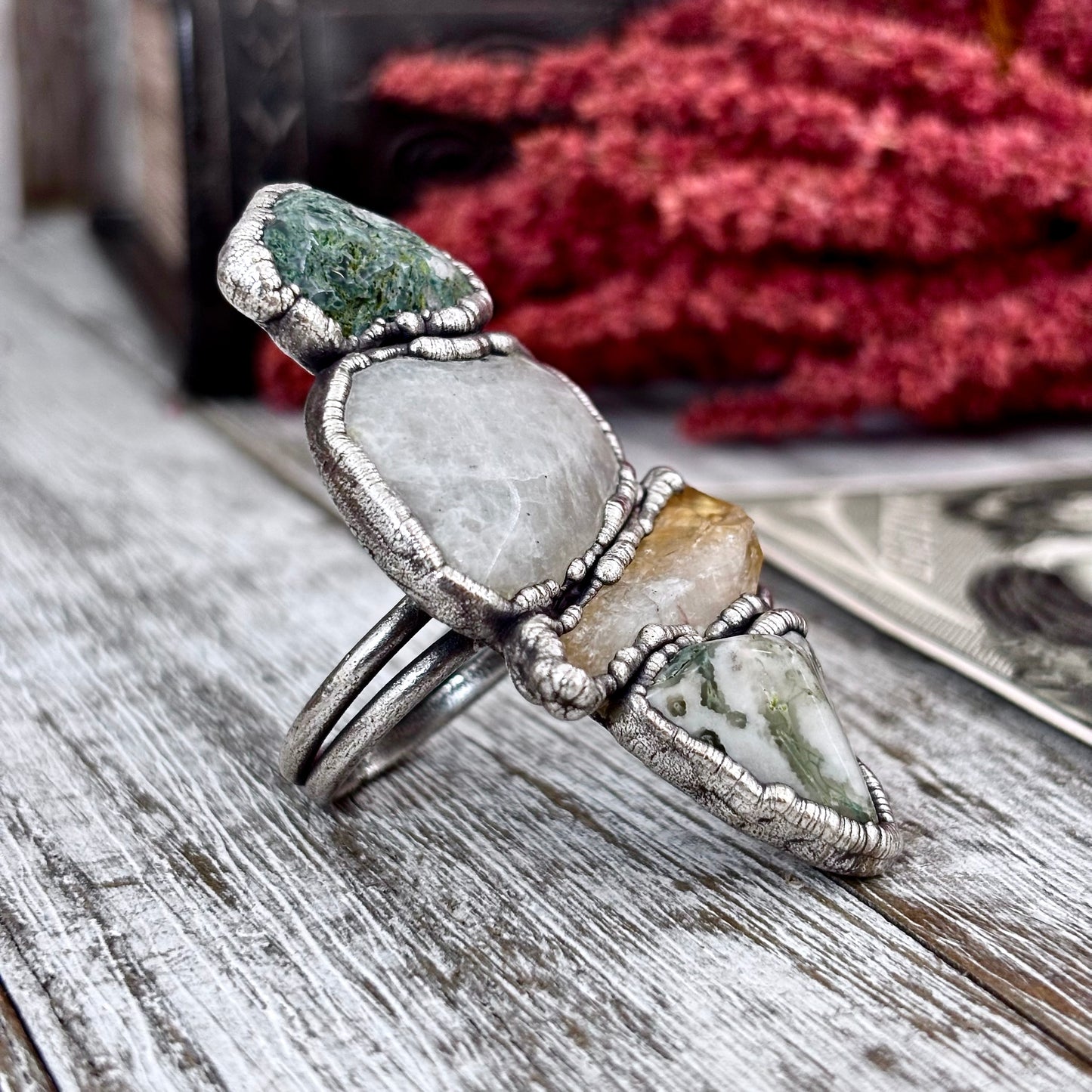 Multi Stone Moss Agate Citrine Rainbow Moonstone Ring In Silver Size 10 / Foxlark Collection