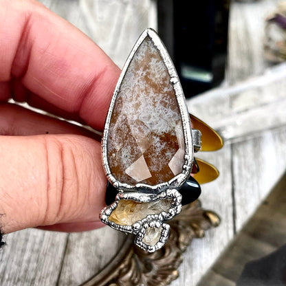 Size 8.5 Crystal Ring - Three Stone Fancy Moss Agate Citrine Herkimer Silver Ring / Foxlark Collection - One of a Kind