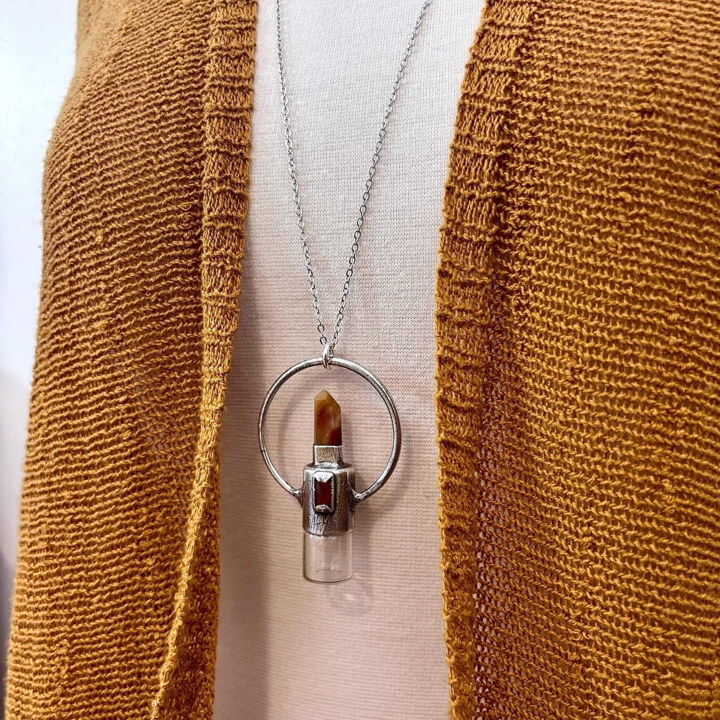 Garden Quartz and Orange Kyanite Crystal Necklace / Silver Rollerball Necklace