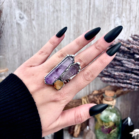 Three Stone Raw Amethyst Citrine Ring In Silver Size 9.5 / Foxlark Collection