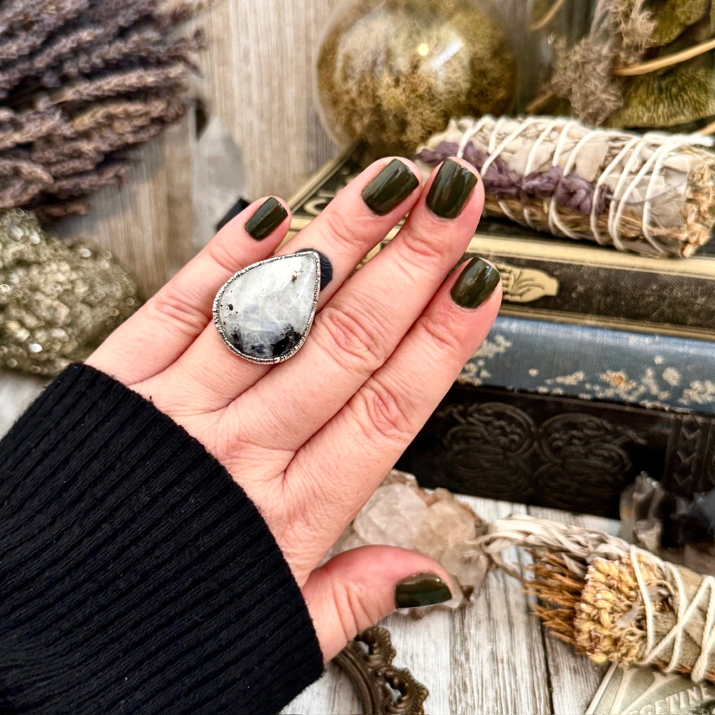 Rainbow Moonstone with Black Tourmaline Ring Silver Size 6.5 / Foxlark Collection