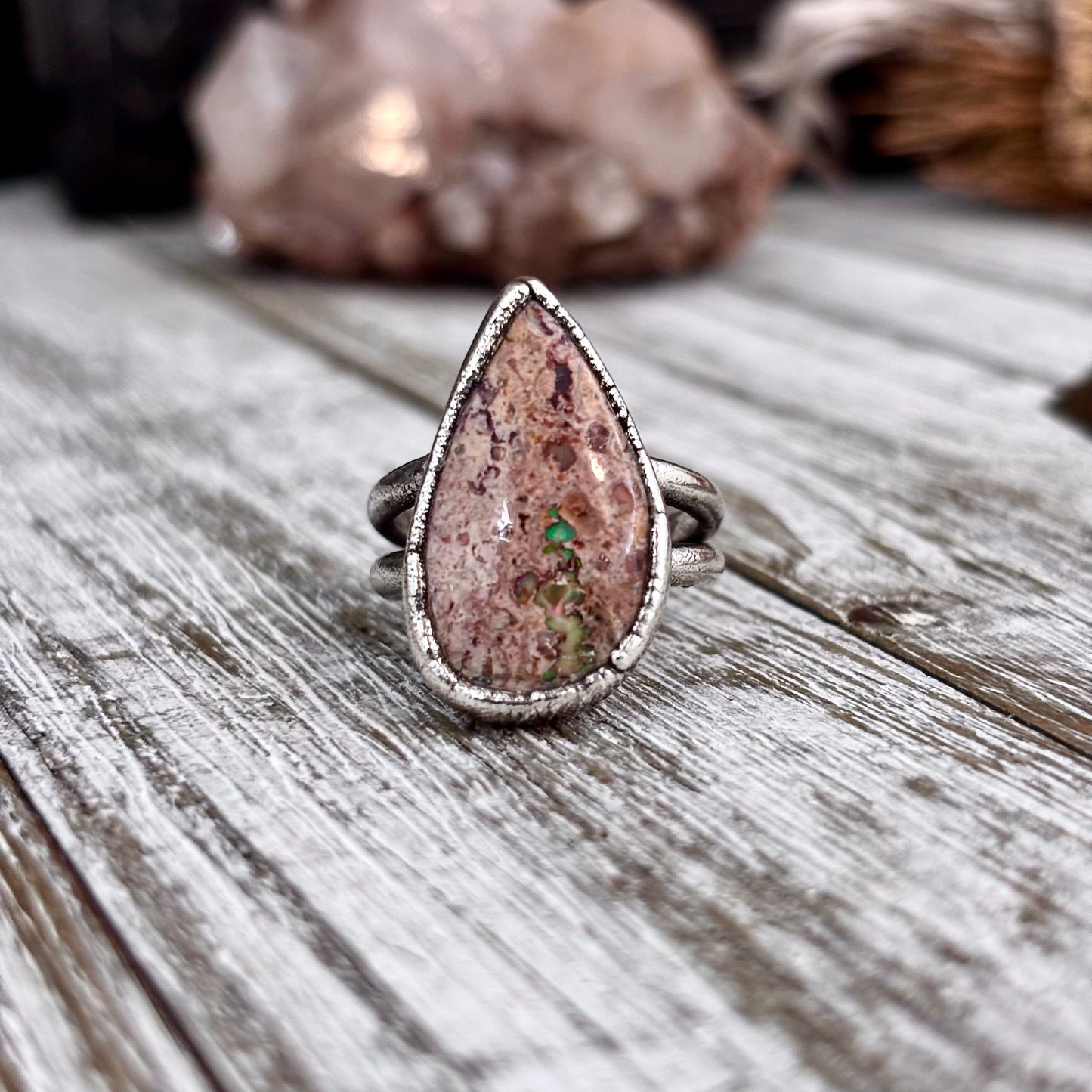 Fire Opal Crystal Ring Set in Fine Silver Size 8 / Foxlark Collection - One of a Kind