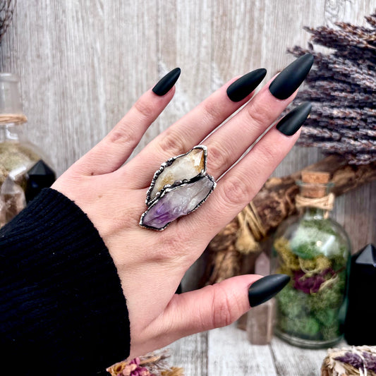 Two Stone Raw Amethyst and Citrine Ring in Fine Silver Size 10 / Foxlark Collection - One of a Kind