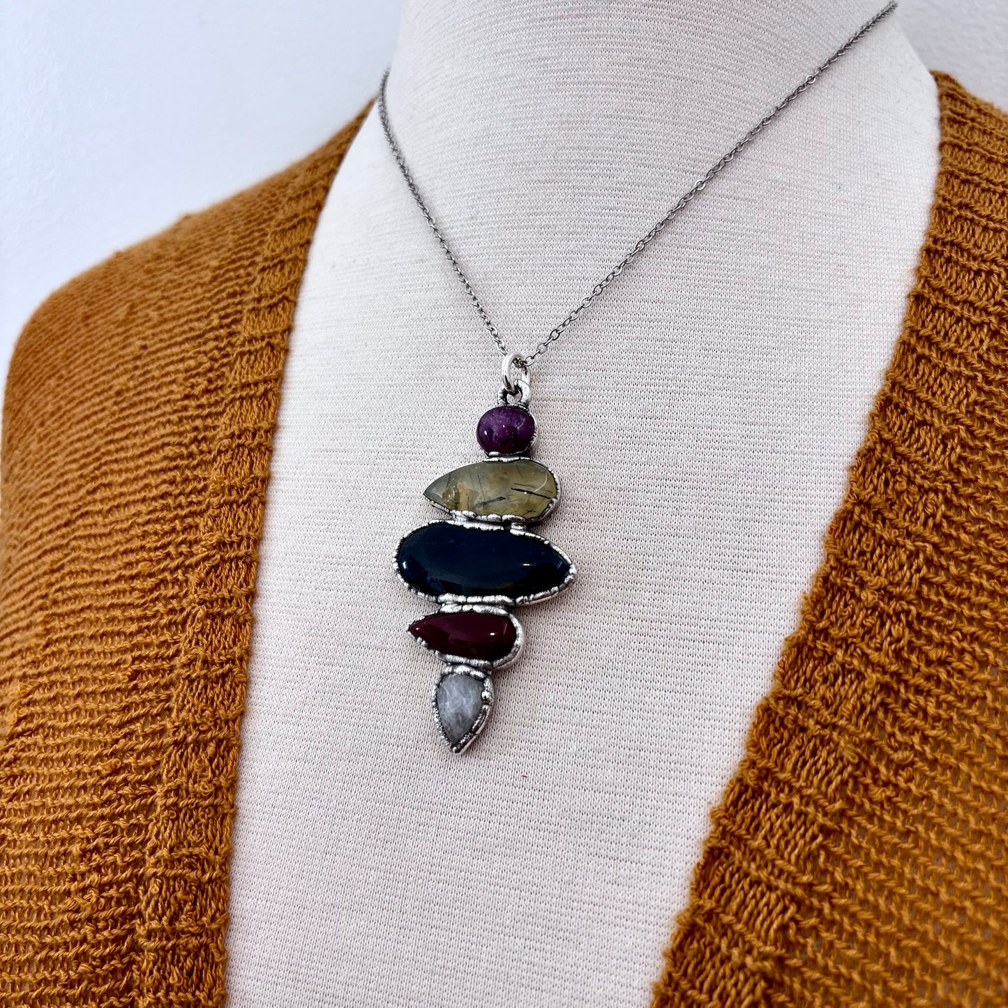 Multi Stone Star Ruby Prehnite Blue Tigers Eye Carnelian Rainbow Moonstone Necklace Silver / Foxlark Collection