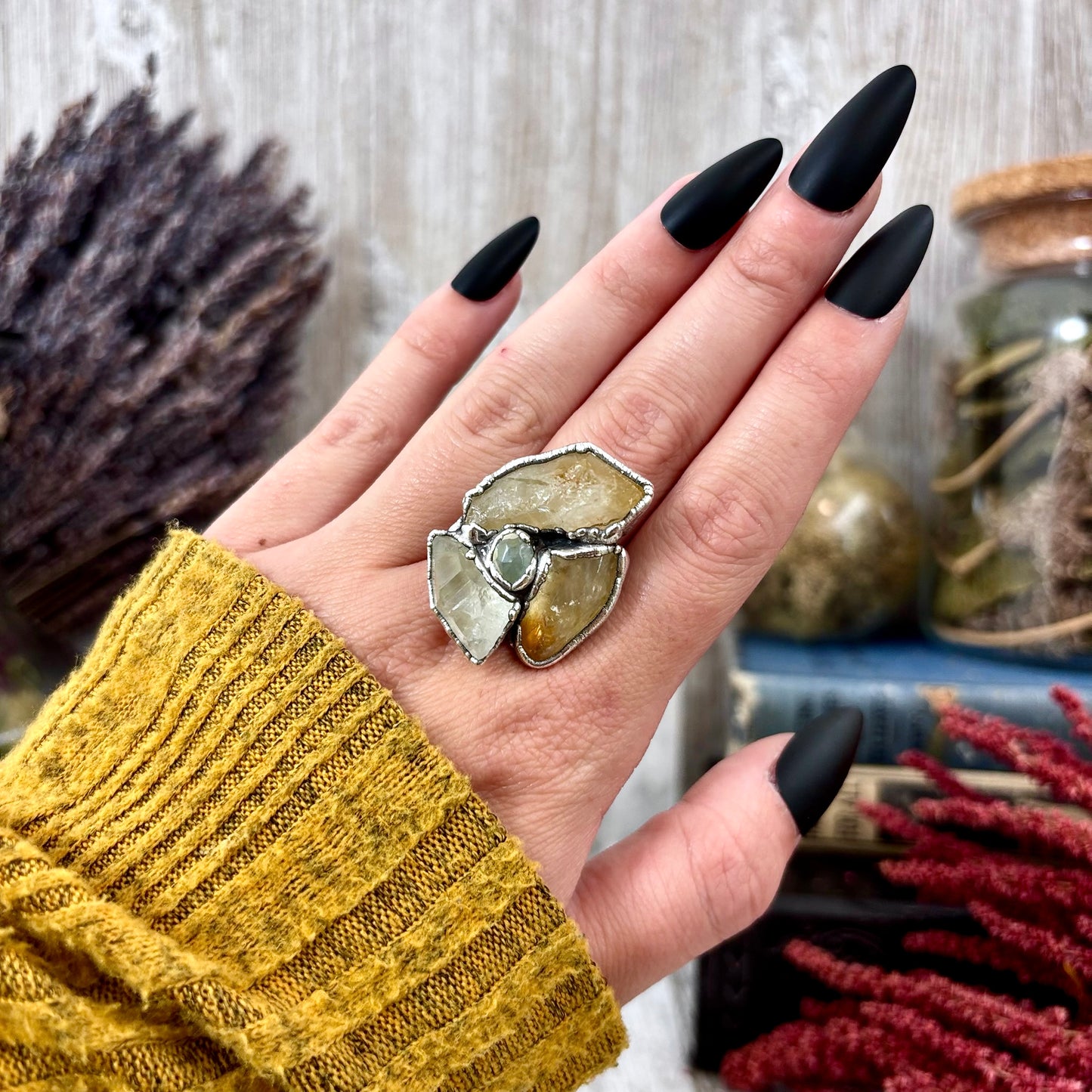 Multi Stone Citrine Clear Quartz Aquamarine Ring In Silver Size 7 / Foxlark Collection