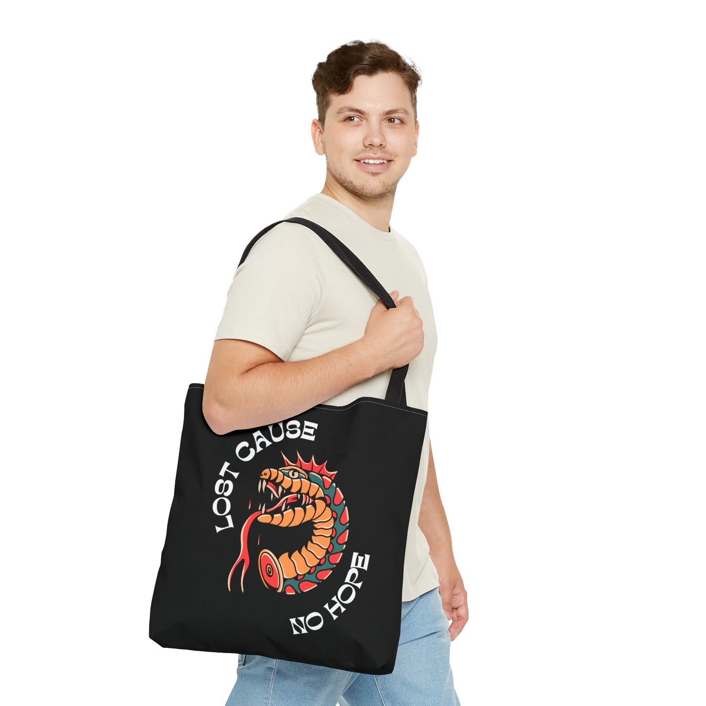 Lost Cause No Hope Snake Head Tattoo Tote Bag in Black - Foxlark Crystal Jewelry