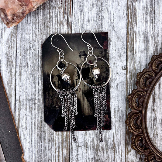Sterling Silver Bird Skull Hoop Fringe Earrings / Long Dangle Witchy Earrings
