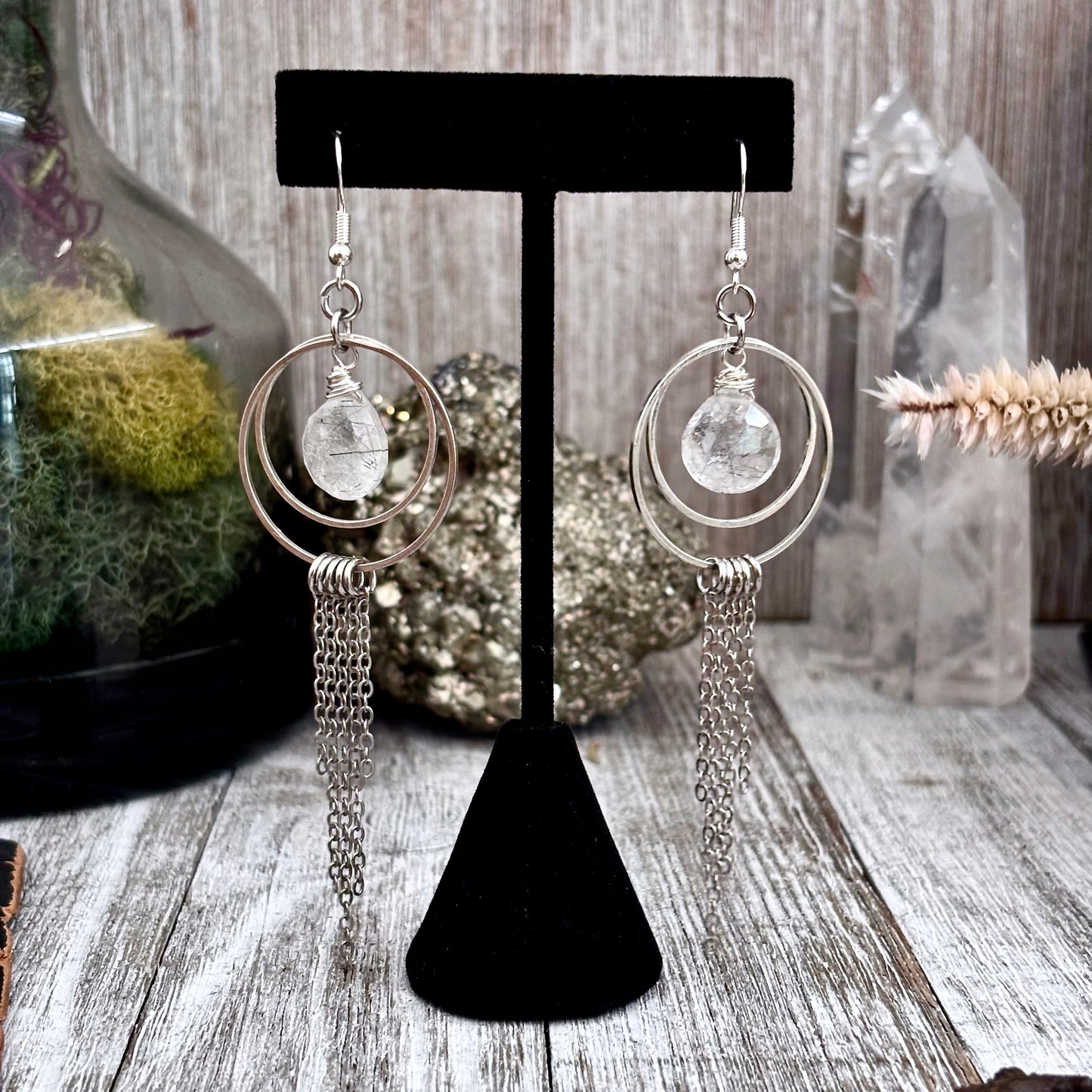 Tourmaline Quartz Hoop Fringe Earrings / Long Dangle Witchy Earrings