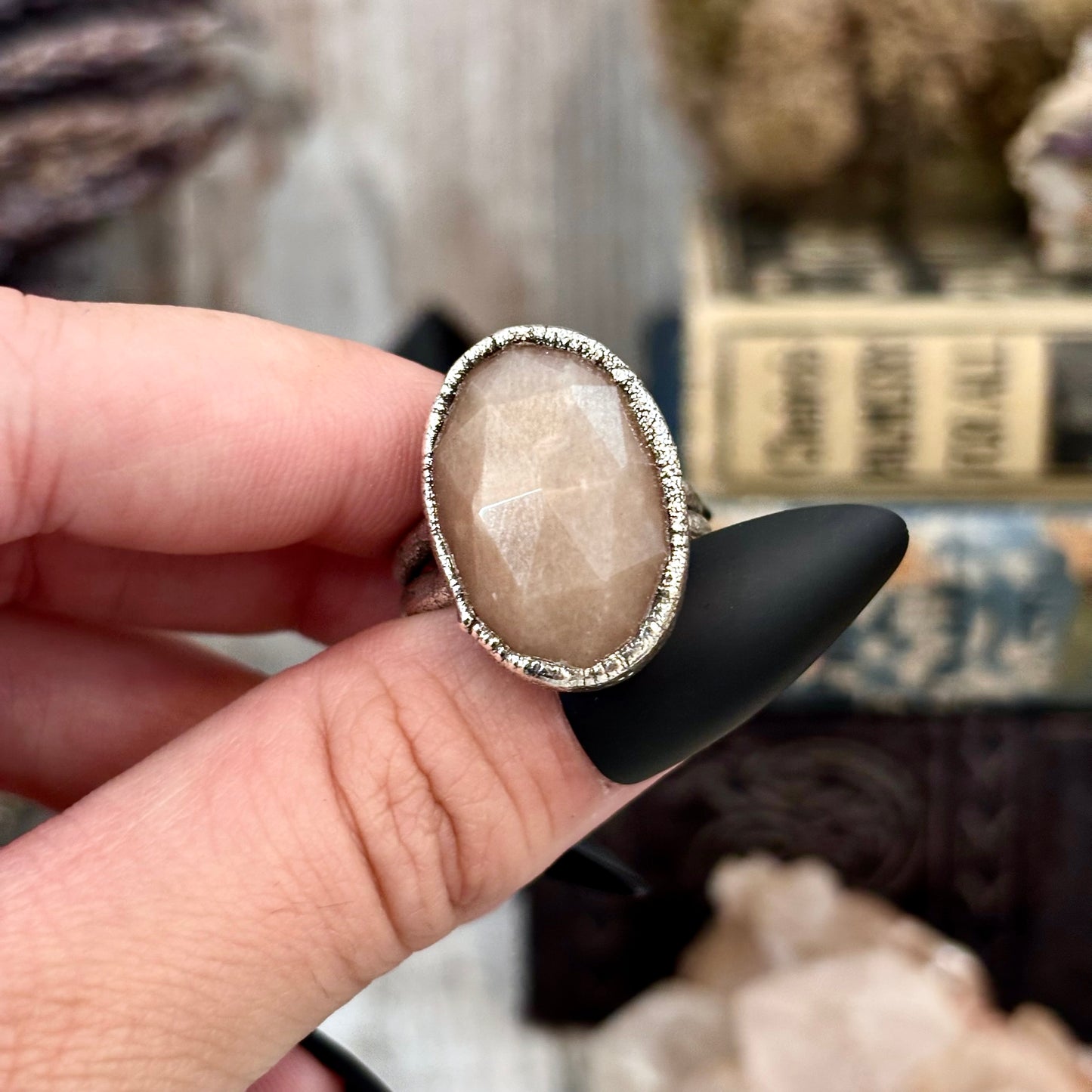 Peach Moonstone Ring Fine Silver Stone Ring Size 8 / Foxlark Collection