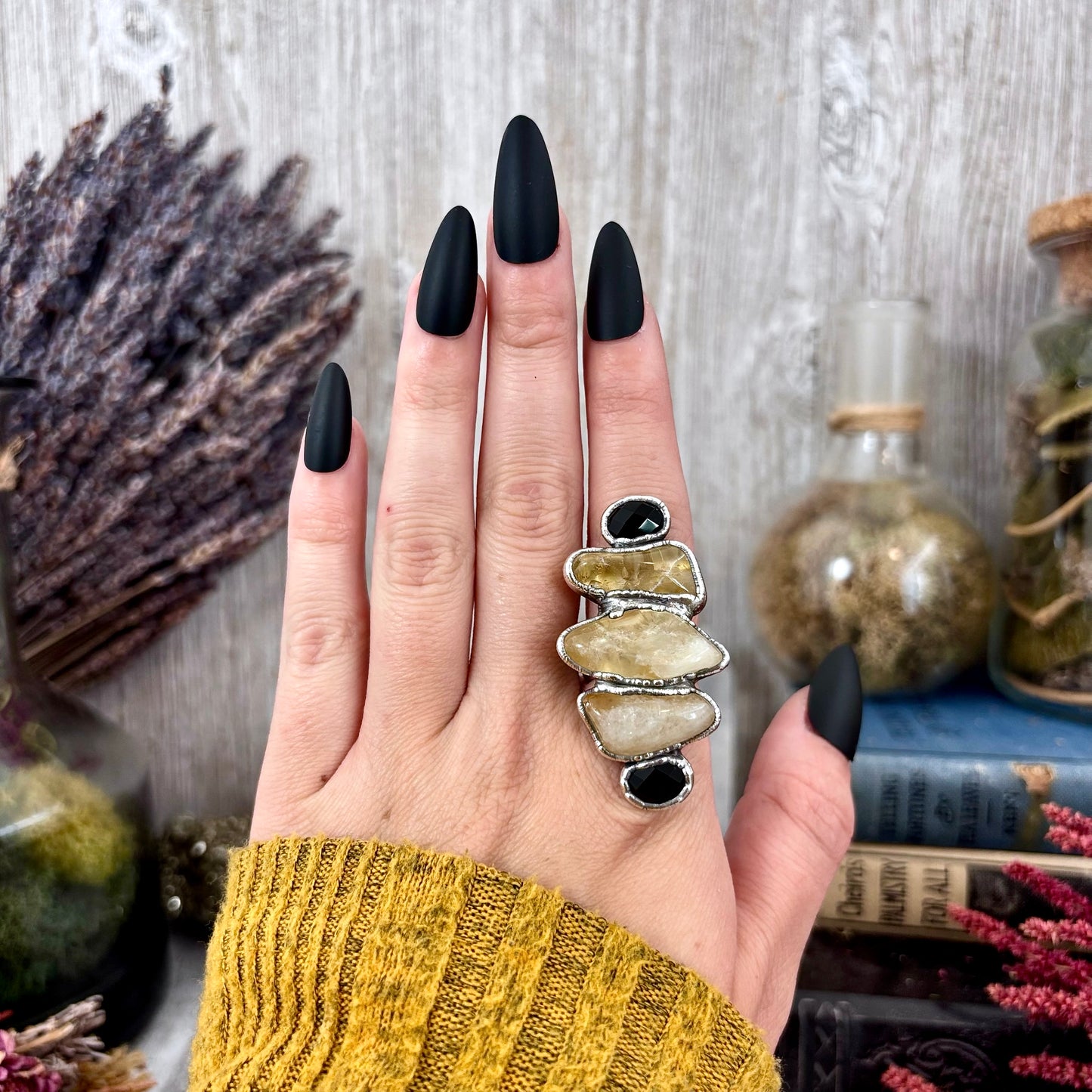 Multi Stone Citrine Black Onyx Ring In Silver Size 6.5 / Foxlark Collection