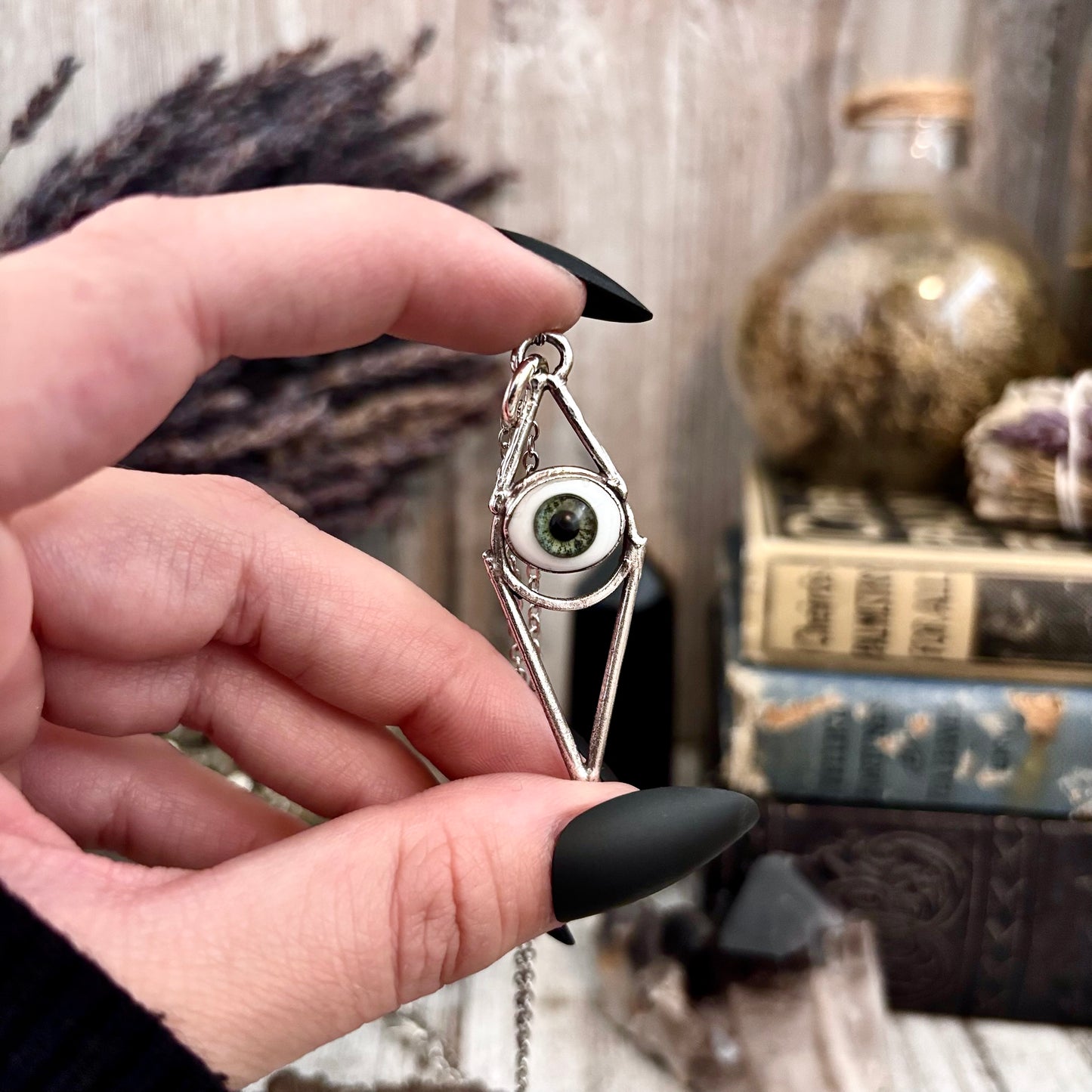 Moss & Moon Collection - Green Iris Glass Eye Necklace set Fine Silver /