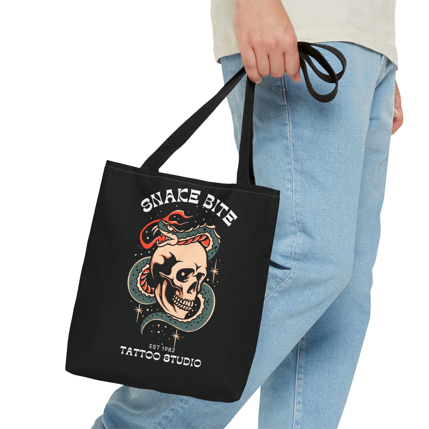 Snake Bite Tattoo Studio Black Tote Bag - Foxlark Crystal Jewelry