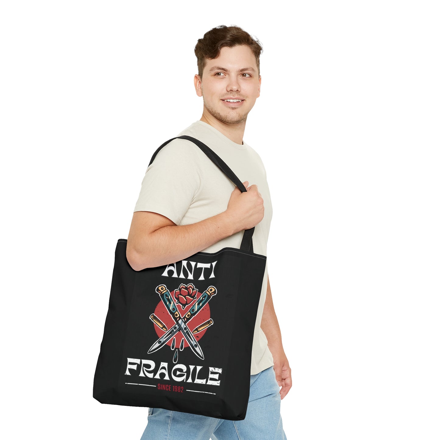 Anti Fragile Tattoo Tote Bag in Black / Vintage American Old School Traditional Tattoo Flash / Punk Rock Beach Shopping - Foxlark Crystal Jewelry