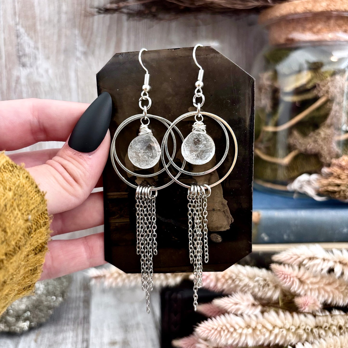 Tourmaline Quartz Hoop Fringe Earrings / Long Dangle Witchy Earrings