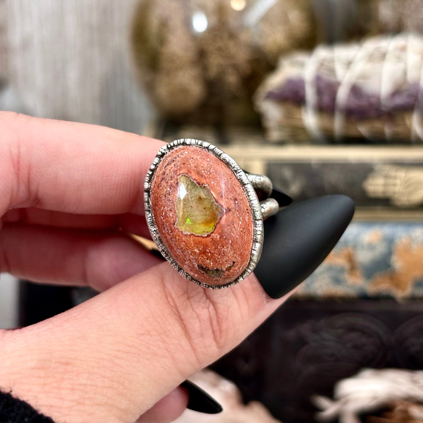 Fire Opal Crystal Ring Set in Fine Silver Size 7.5 / Foxlark Collection - One of a Kind