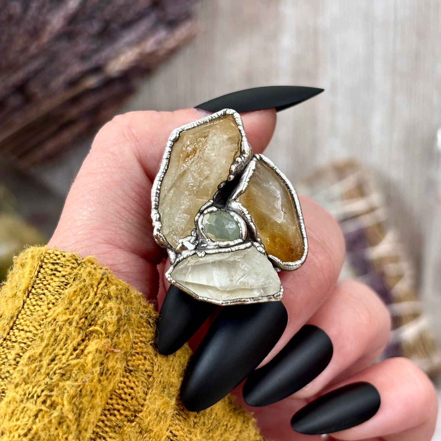Multi Stone Citrine Clear Quartz Aquamarine Ring In Silver Size 7 / Foxlark Collection