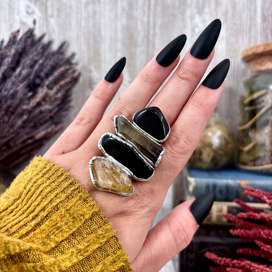Multi Stone Citrine Black Obsidian Smoky Quartz Ring In Silver Size 7 / Foxlark Collection