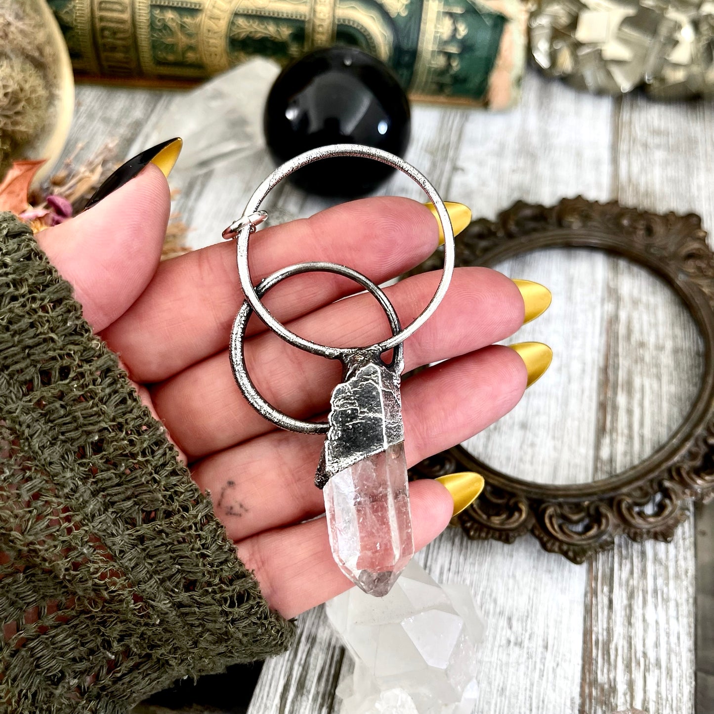 Big clear quartz crystal necklace in fine silver from FOXLARK collection, featuring a one-of-a-kind design.