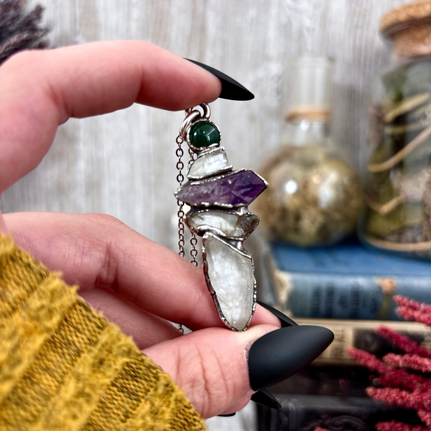 Multi Stone Moss Agate Raw Clear Quartz Raw Smoky Quartz Raw Amethyst Necklace Silver / Foxlark Collection