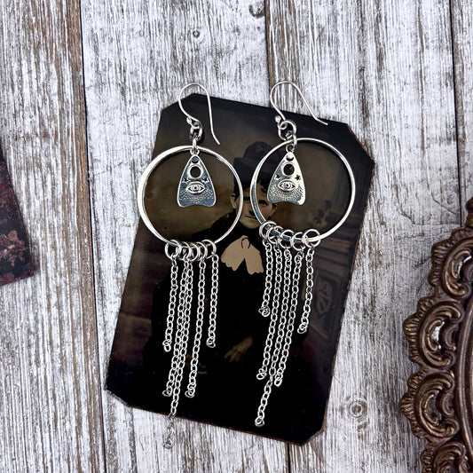 Sterling Silver Planchet Hoop Fringe Earrings / Long Dangle Witchy Earrings