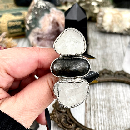 Size 10 Crystal Ring - Three Stone Ring Silver Sheen Obsidian Tourmaline Quartz Clear Quartz Silver Ring / Foxlark Collection - One of a Kind