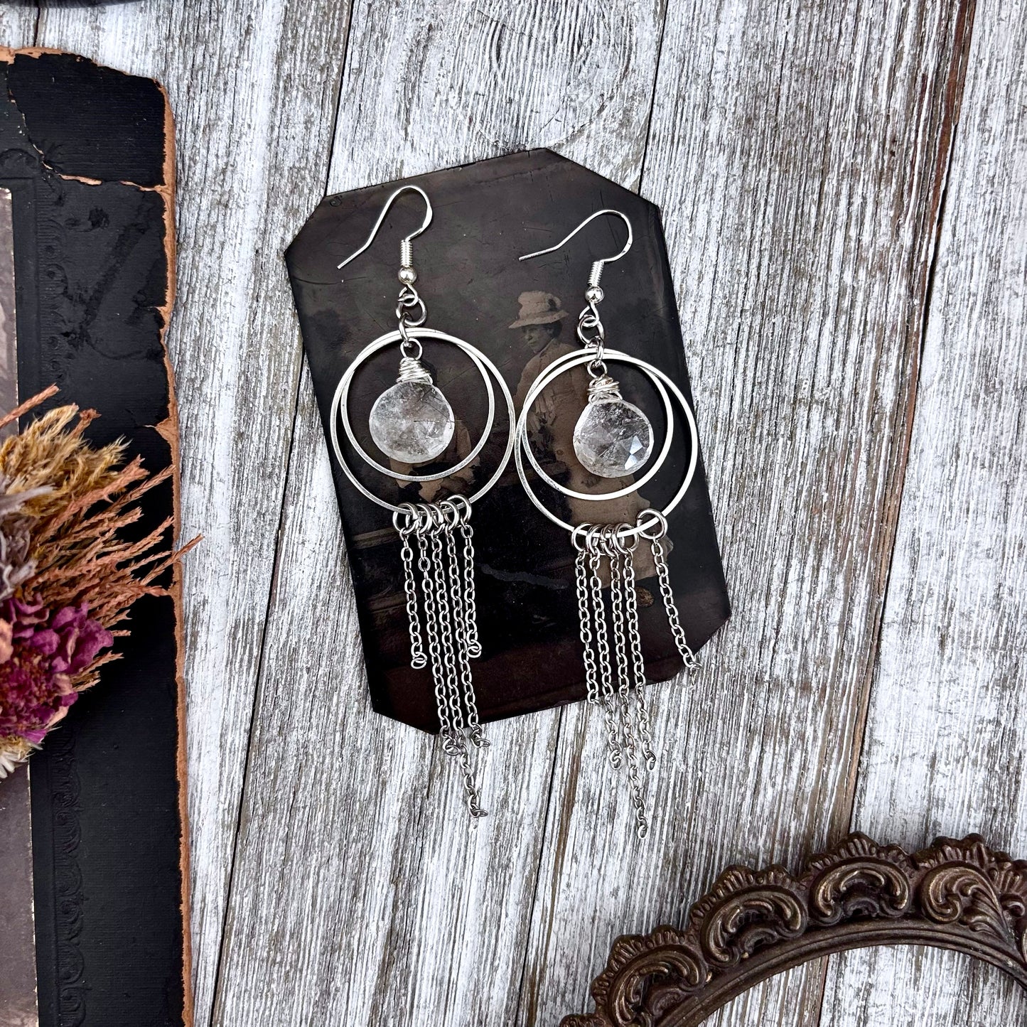 Tourmaline Quartz Hoop Fringe Earrings / Long Dangle Witchy Earrings