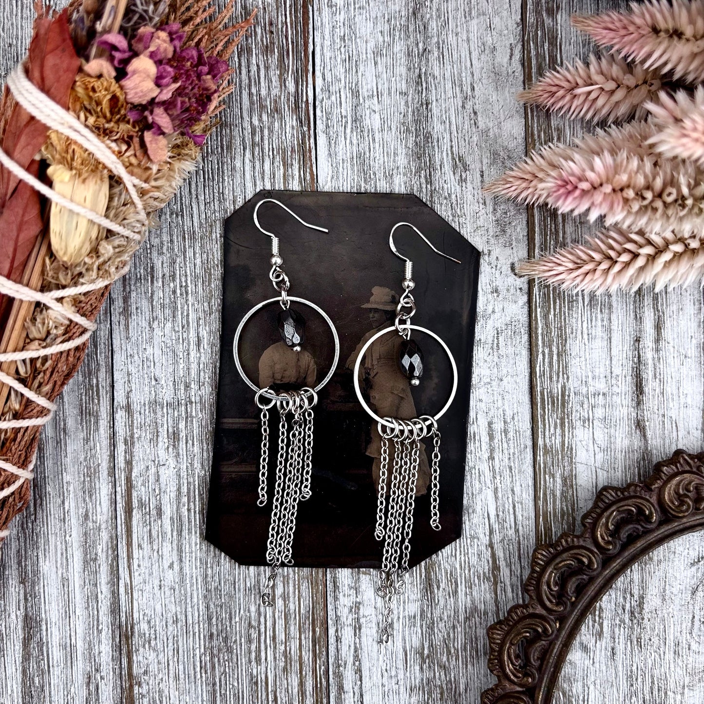 Hematite Hoop Fringe Earrings / Long Dangle Witchy Earrings