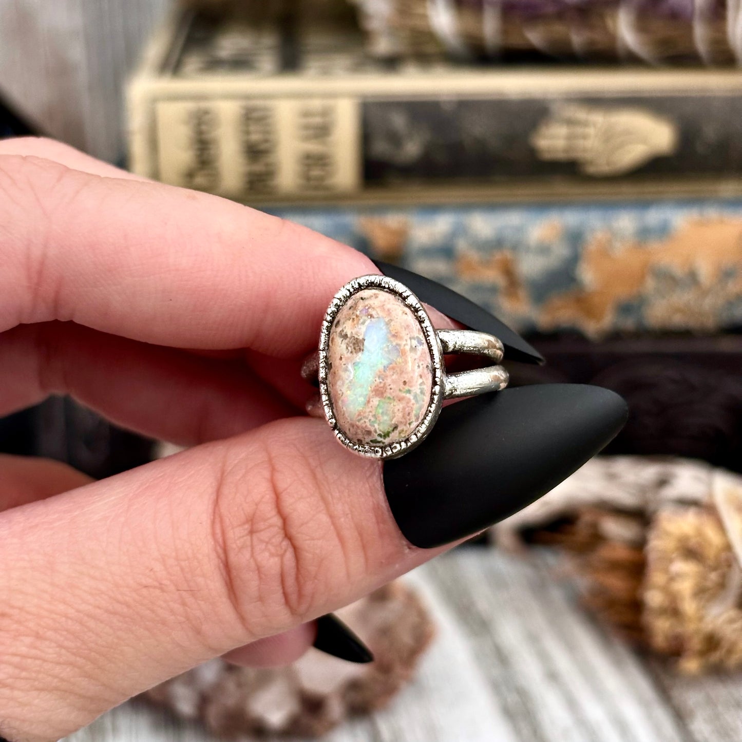 Fire Opal Crystal Ring Set in Fine Silver Size 7 / Foxlark Collection - One of a Kind