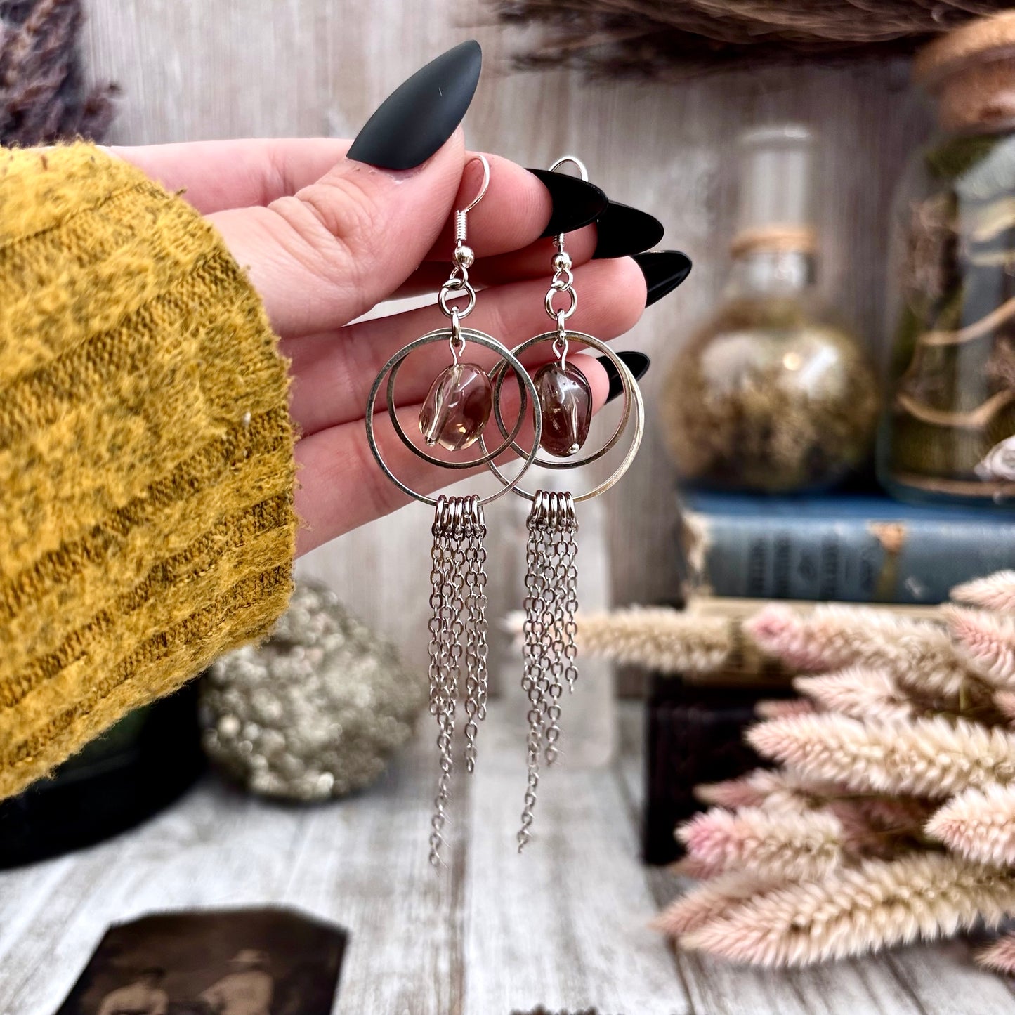 Smoky Quartz Hoop Fringe Earrings / Long Dangle Witchy Earrings