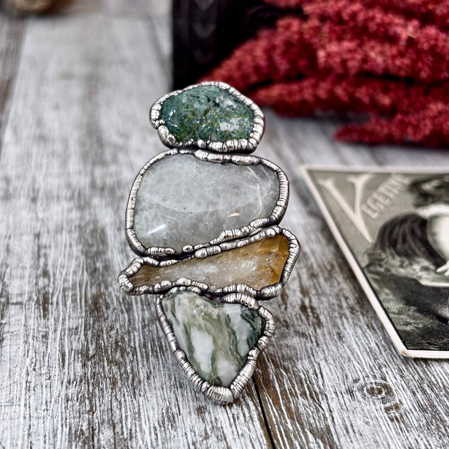 Multi Stone Moss Agate Citrine Rainbow Moonstone Ring In Silver Size 10 / Foxlark Collection