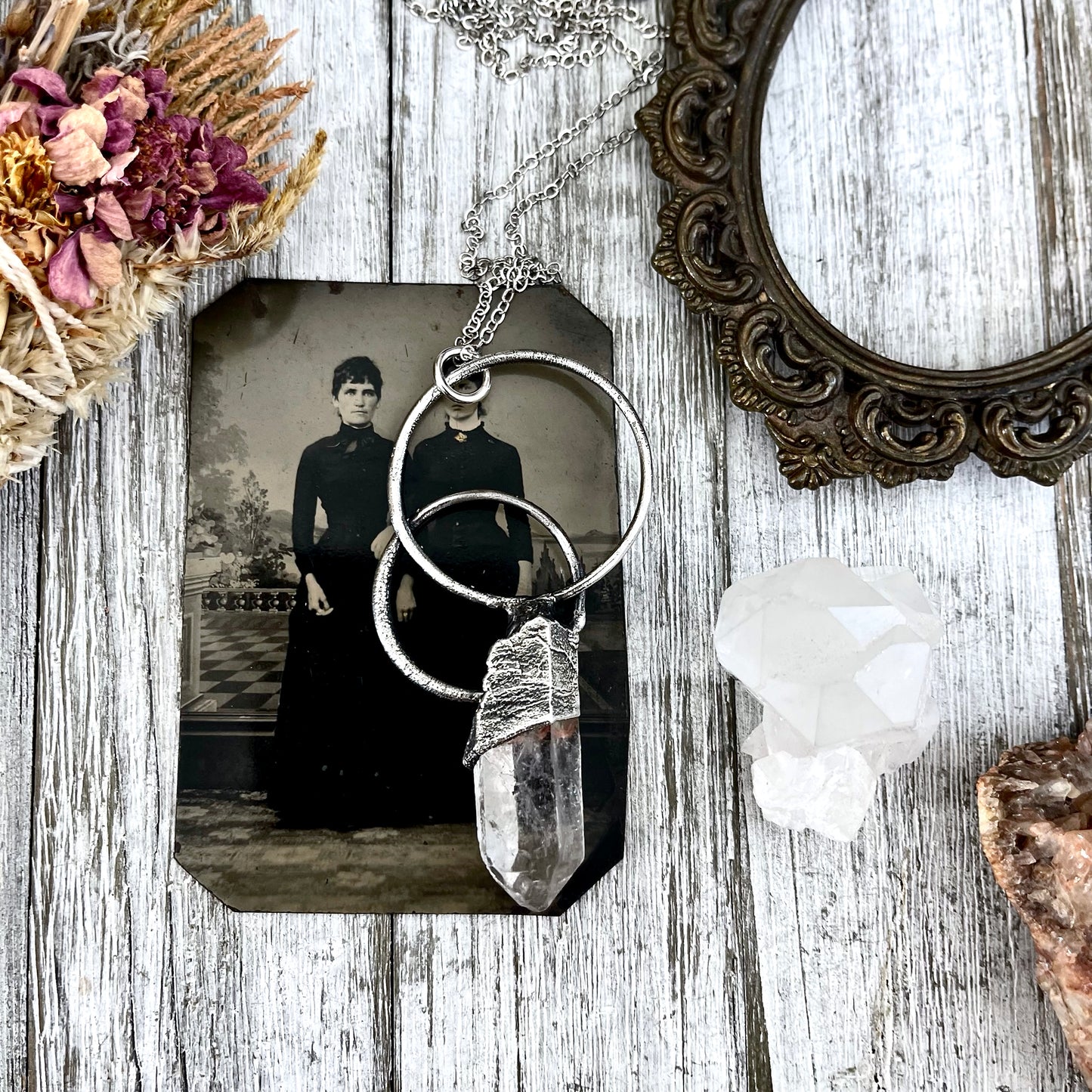 Fine silver necklace featuring a large clear quartz crystal pendant from FOXLARK's one-of-a-kind Foxlark Collection.
