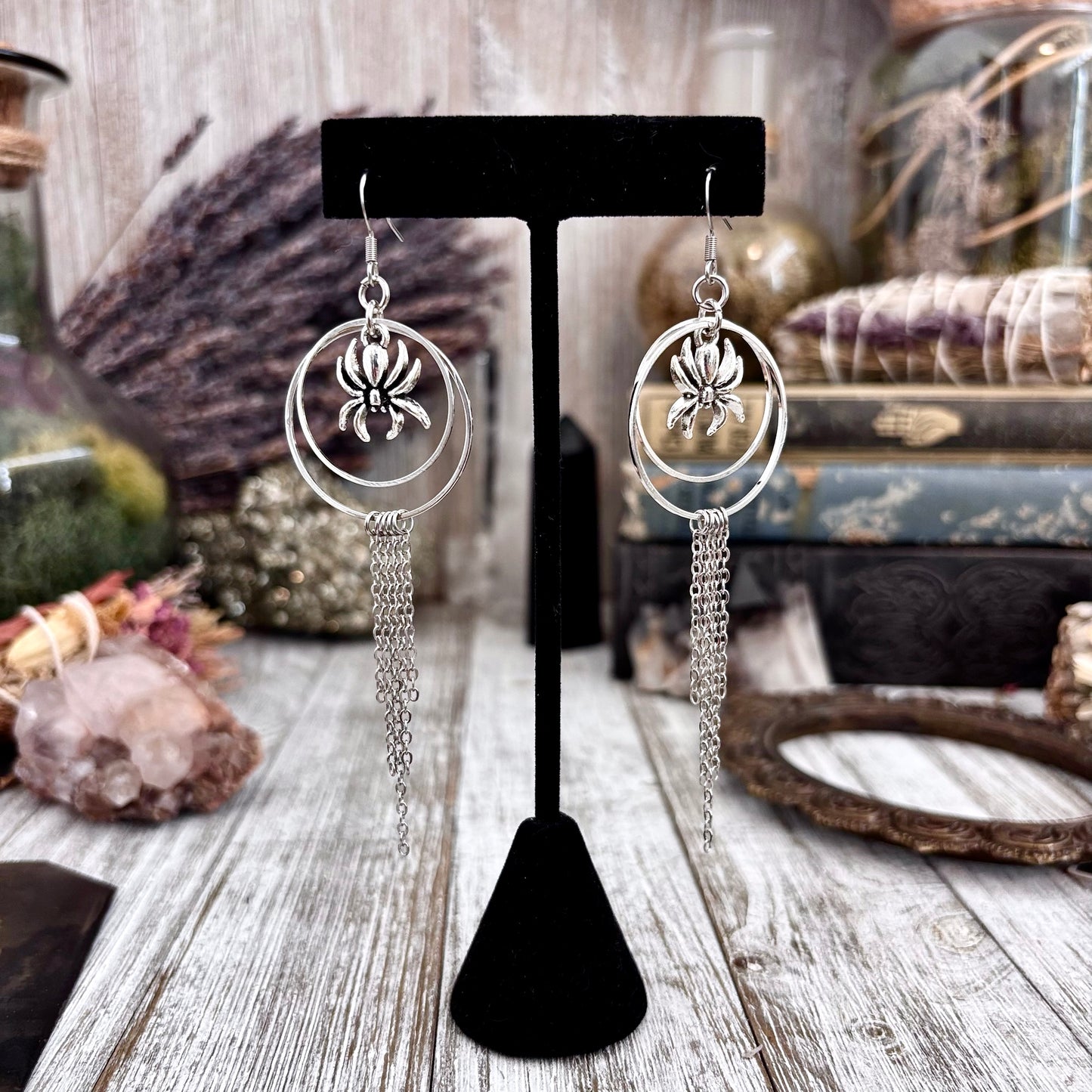Silver Spider Earrings Stainless Steel Hoop and Fringe / Long Dangle Punk Earrings