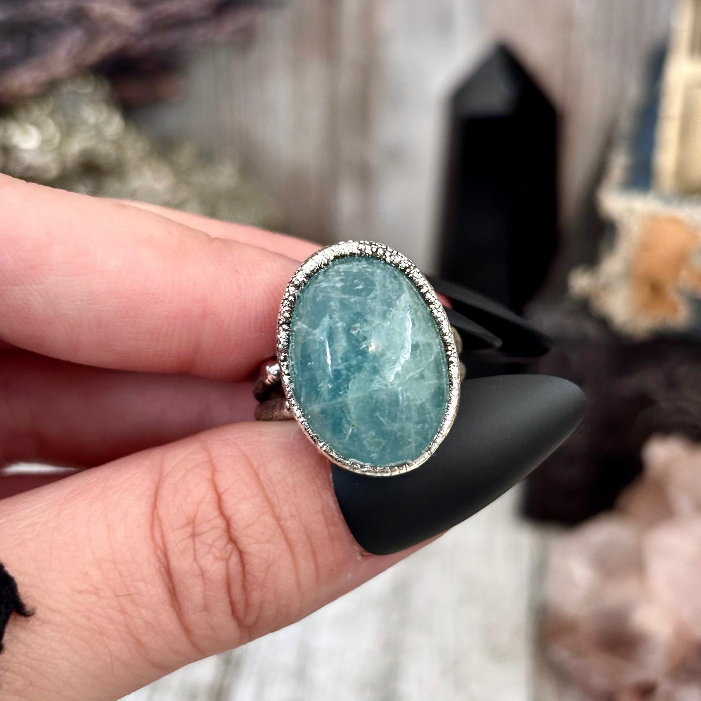 Aquamarine Crystal Ring Set in Fine Silver Size 7 / Foxlark Collection - One of a Kind