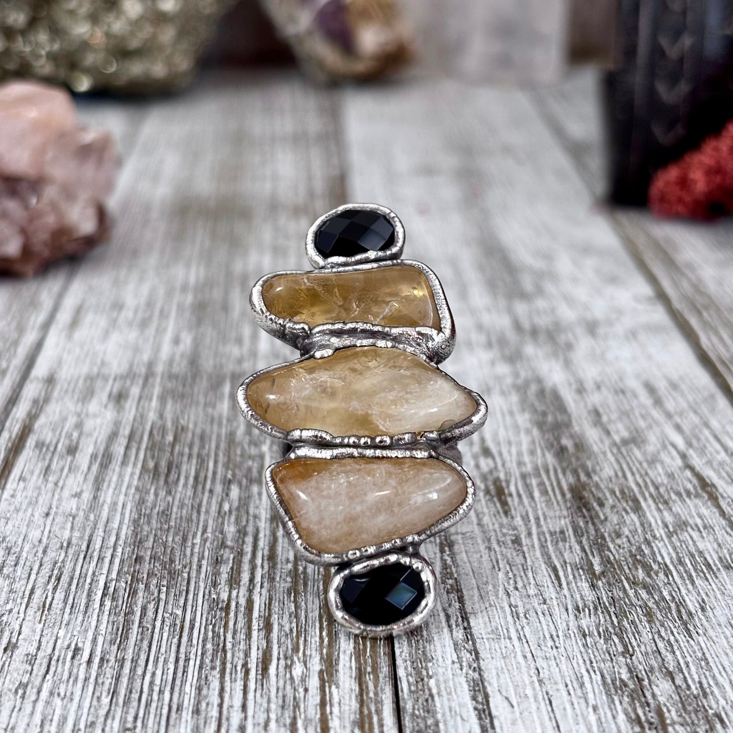 Multi Stone Citrine Black Onyx Ring In Silver Size 6.5 / Foxlark Collection