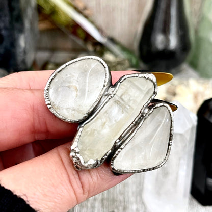 Size 8 Crystal Ring - Three Stone Clear Quartz Ring in Silver / Foxlark Collection - One of a Kind