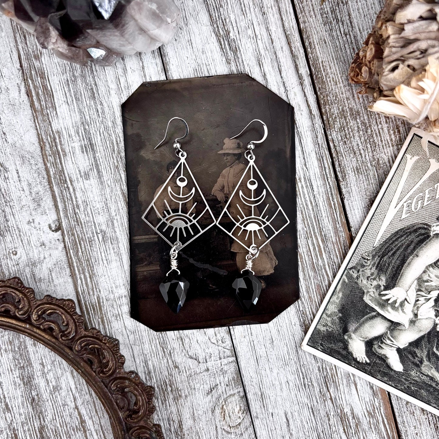 Geometric Eye Black Onyx Earrings Stainless Steel Earrings / Long Dangly Geometric Earrings