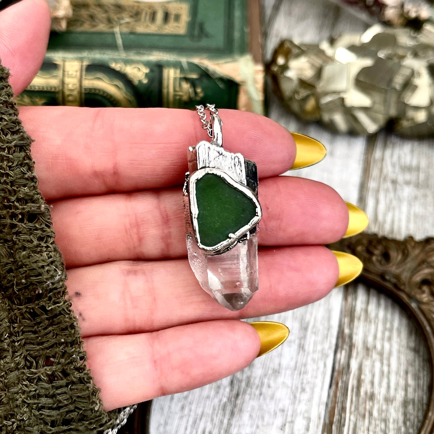 Foxtark clear quartz and green sea glass crystal statement necklace in fine silver, featuring natural gemstone accents.