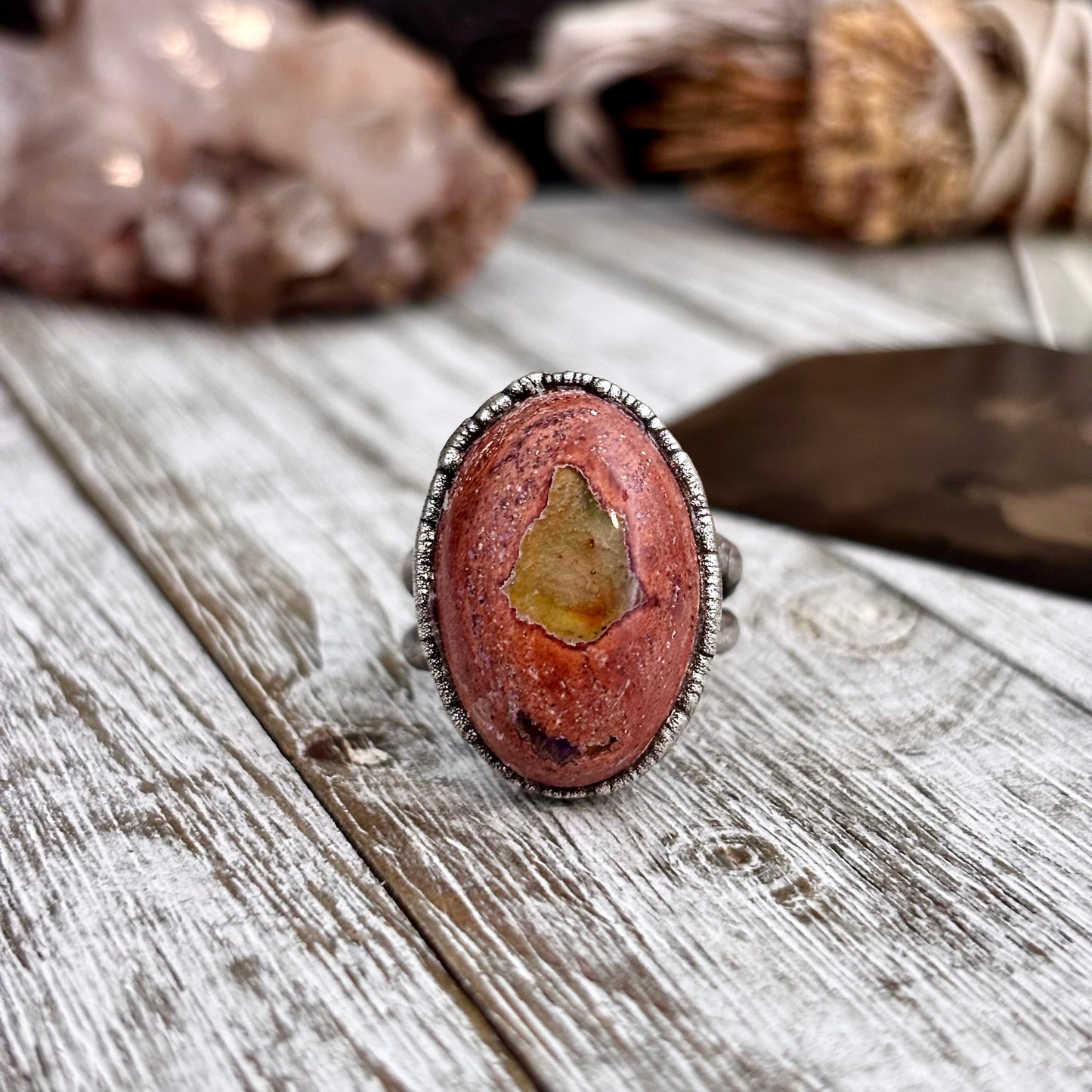 Fire Opal Crystal Ring Set in Fine Silver Size 7.5 / Foxlark Collection - One of a Kind