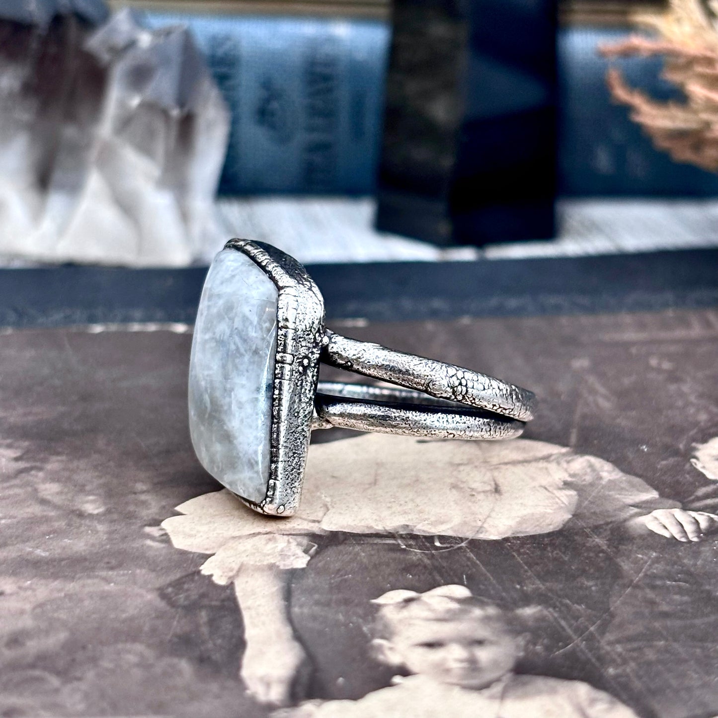 Rainbow Moonstone Ring Silver Size 10.5 / Foxlark Collection FOXLARK