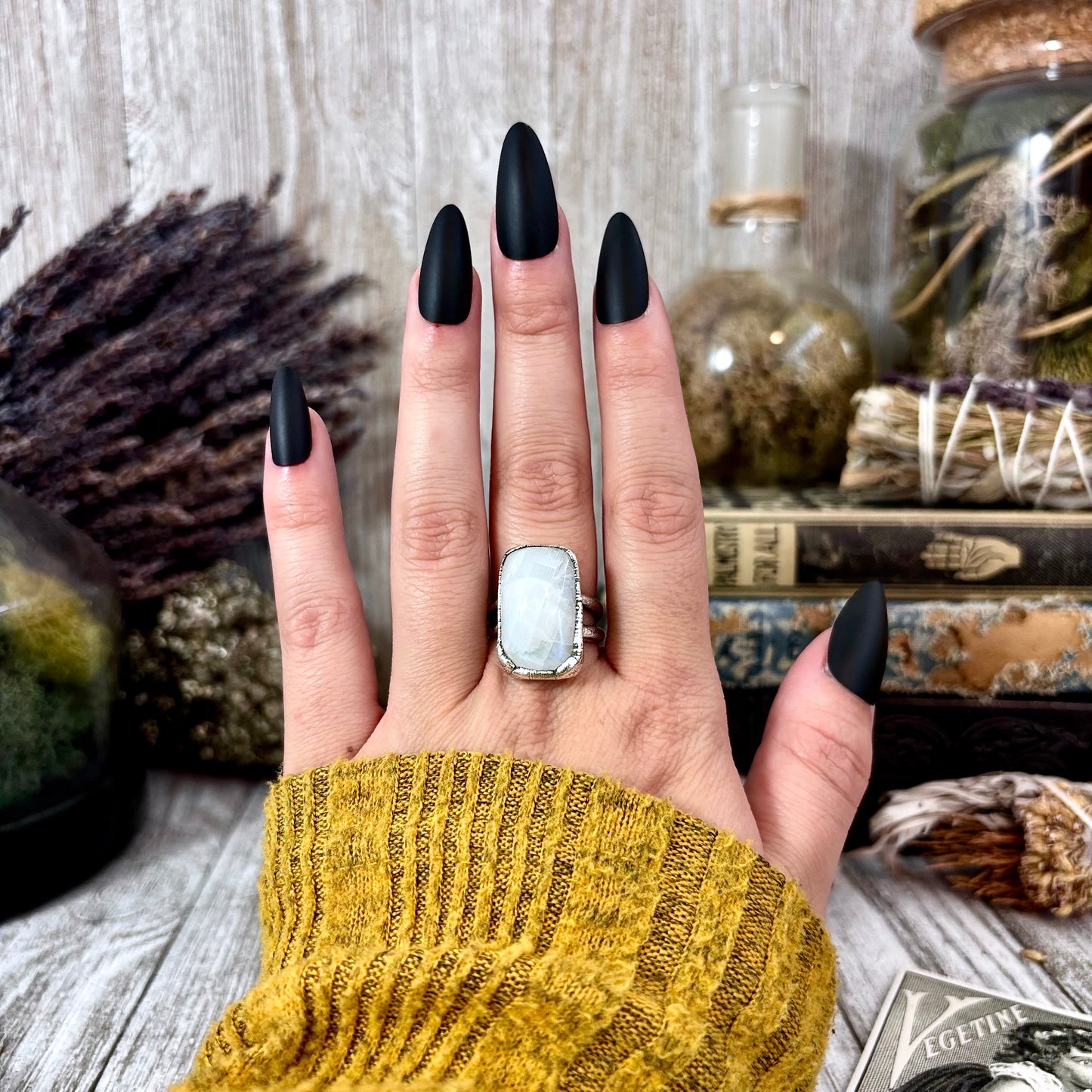 Rainbow Moonstone Ring Silver Size 8 / Foxlark Collection - One of a Kind