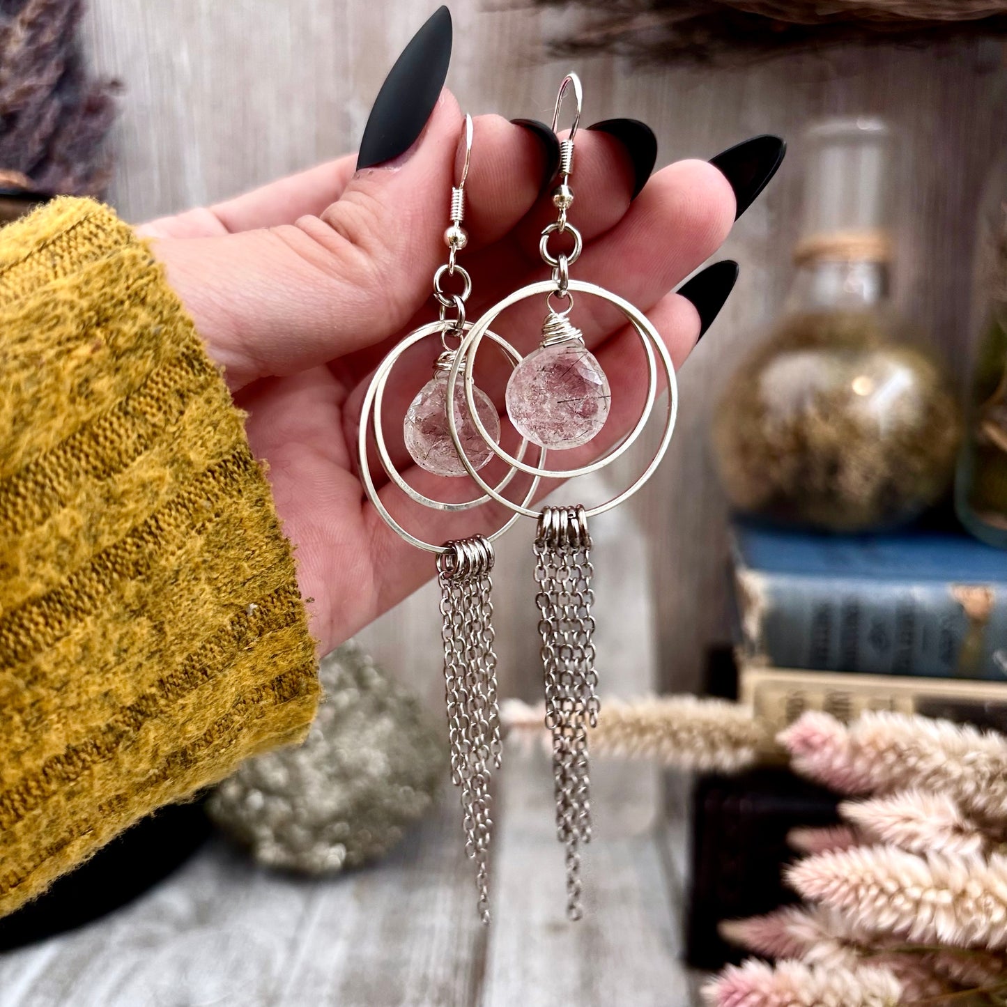 Tourmaline Quartz Hoop Fringe Earrings / Long Dangle Witchy Earrings