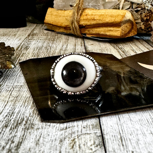 Grey Iris Glass Eye Statement Ring Silver Size 11 / Foxlark Collection