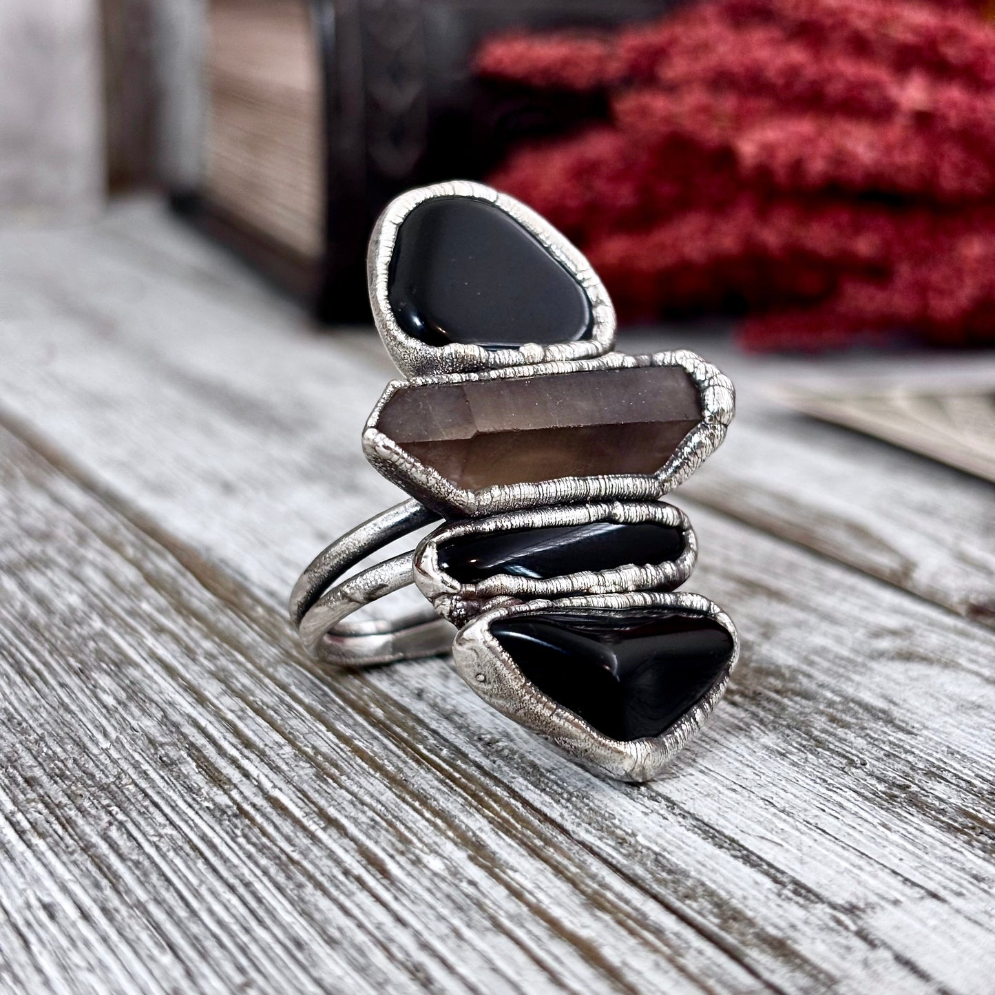 Multi Stone Black Obsidian Smoky Quartz Ring In Silver Size 10 / Foxlark Collection