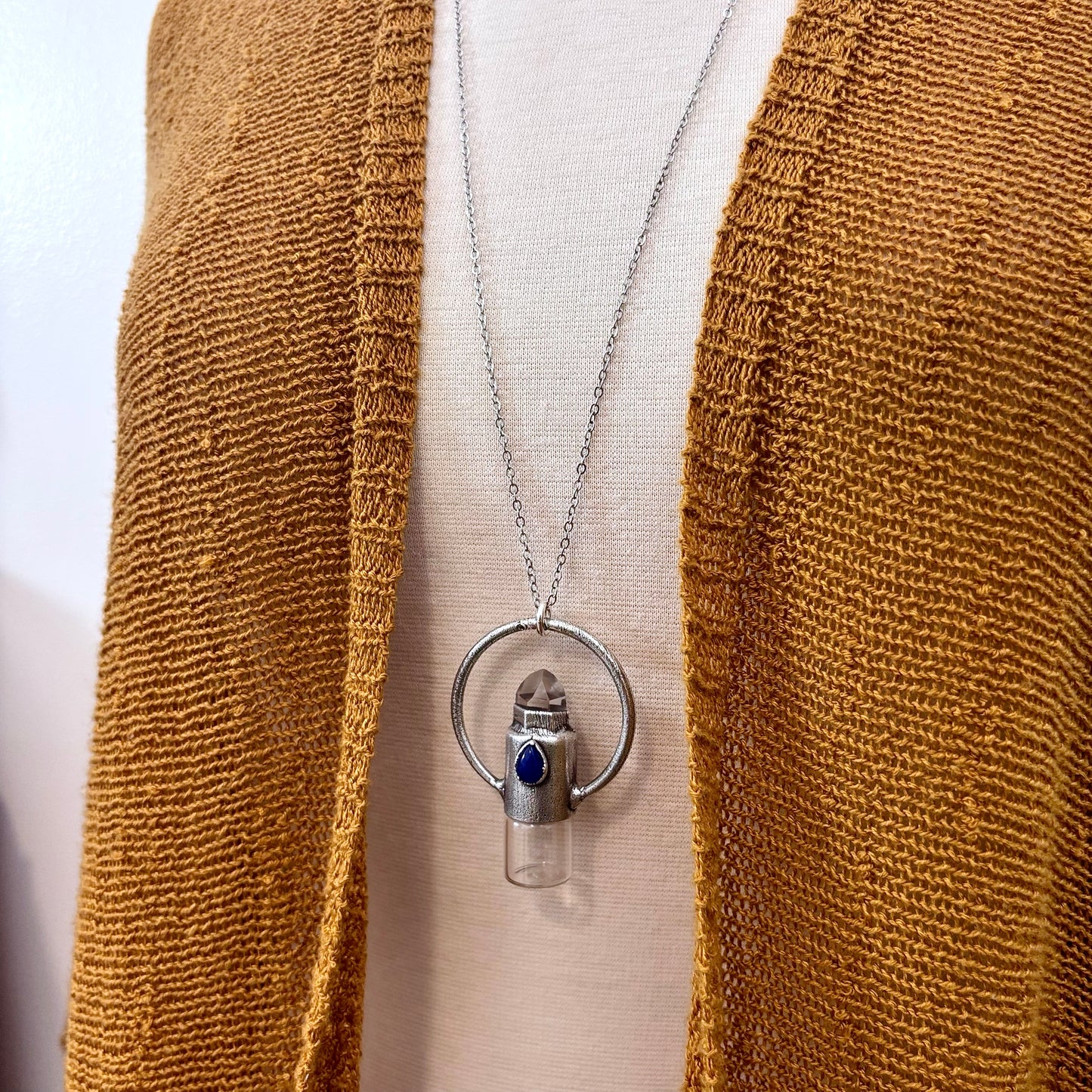 Clear Quartz and Glass Accent Bead Crystal Necklace / Silver Rollerball Necklace