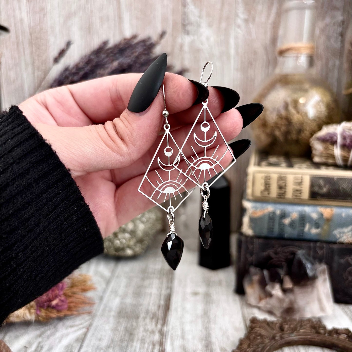 Geometric Eye Black Onyx Earrings Stainless Steel Earrings / Long Dangly Geometric Earrings