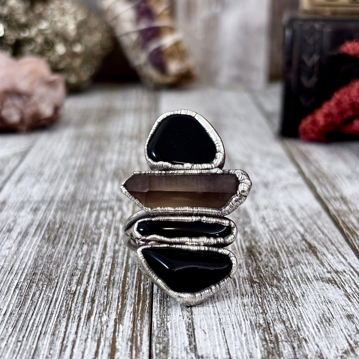 Multi Stone Black Obsidian Smoky Quartz Ring In Silver Size 10 / Foxlark Collection
