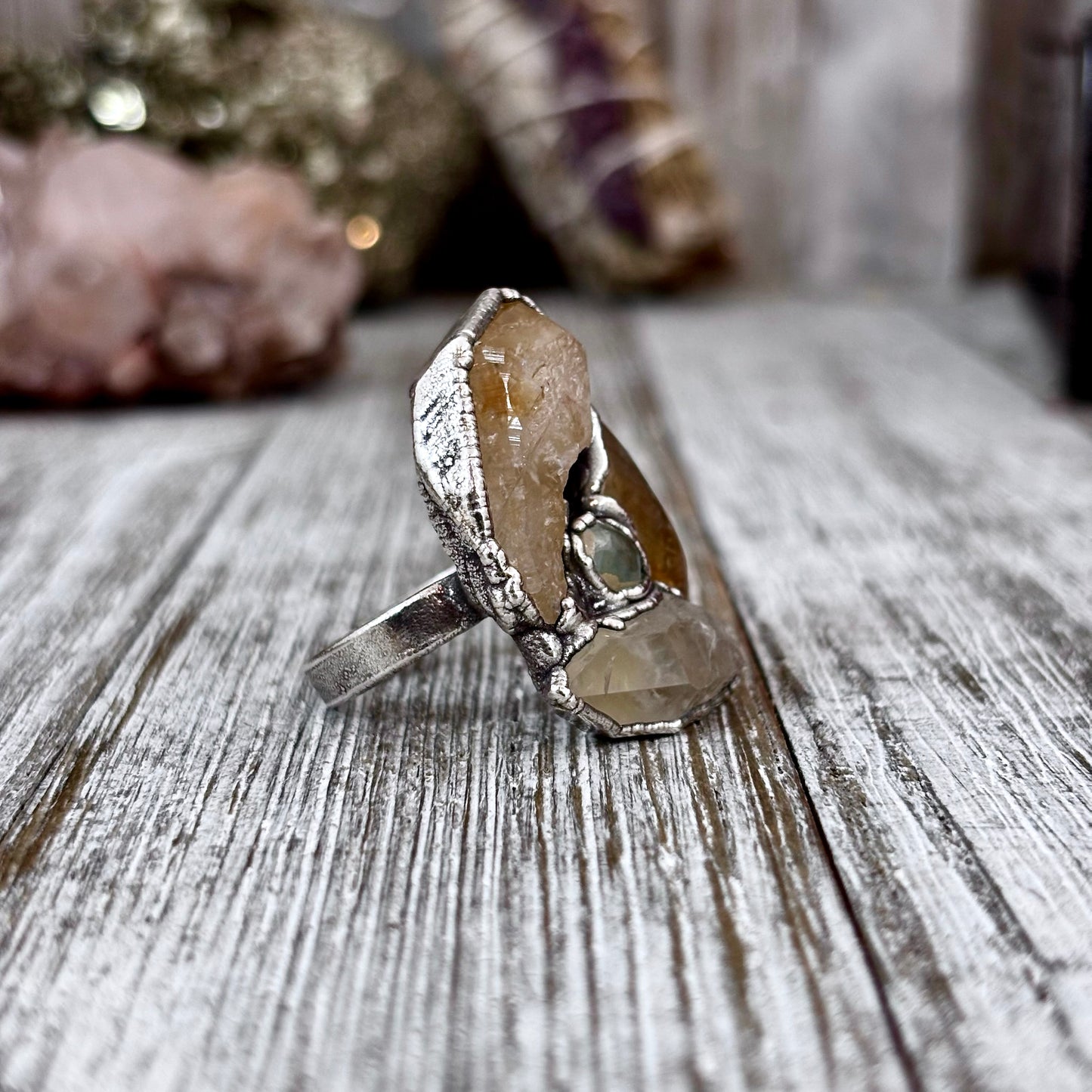 Multi Stone Citrine Clear Quartz Aquamarine Ring In Silver Size 7 / Foxlark Collection