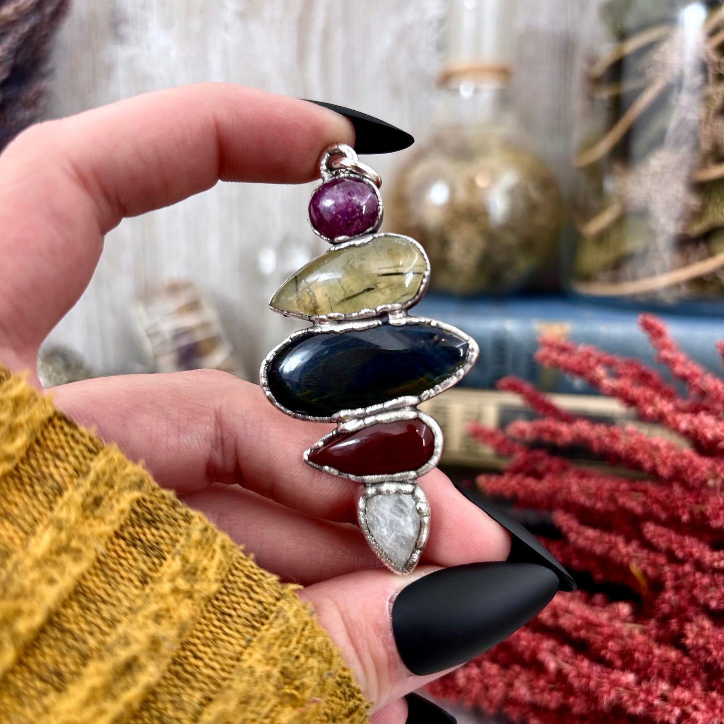 Multi Stone Star Ruby Prehnite Blue Tigers Eye Carnelian Rainbow Moonstone Necklace Silver / Foxlark Collection
