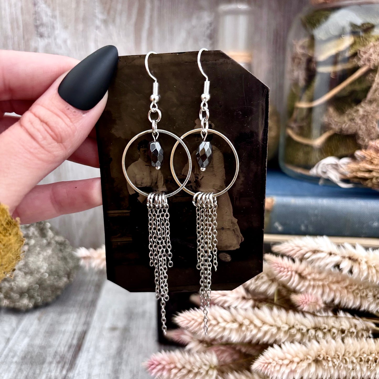 Hematite Hoop Fringe Earrings / Long Dangle Witchy Earrings