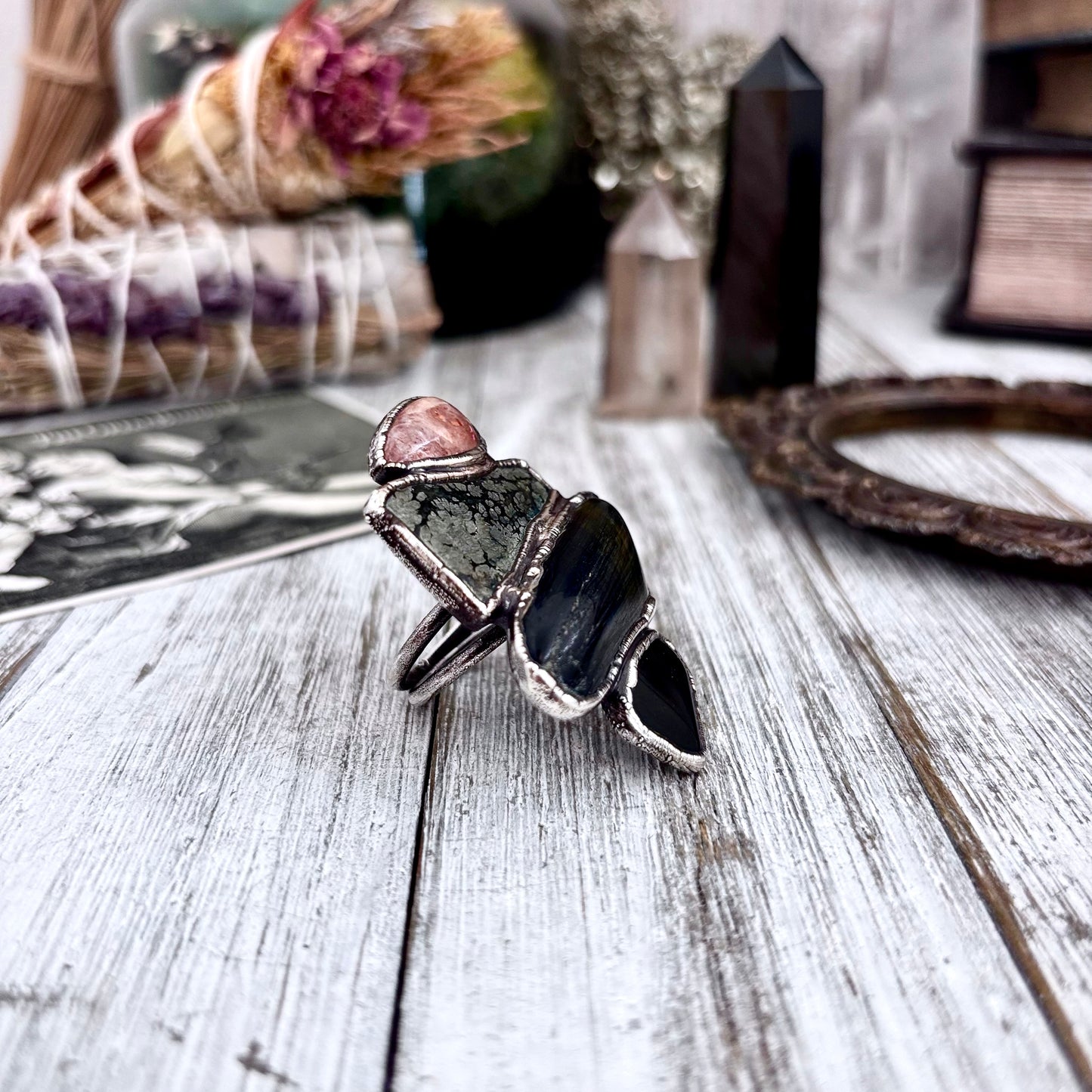 Multi Stone Obsidian Marcasite Blue Tigers Eye Sun Stone Ring In Silver Size 8 / Foxlark Collection